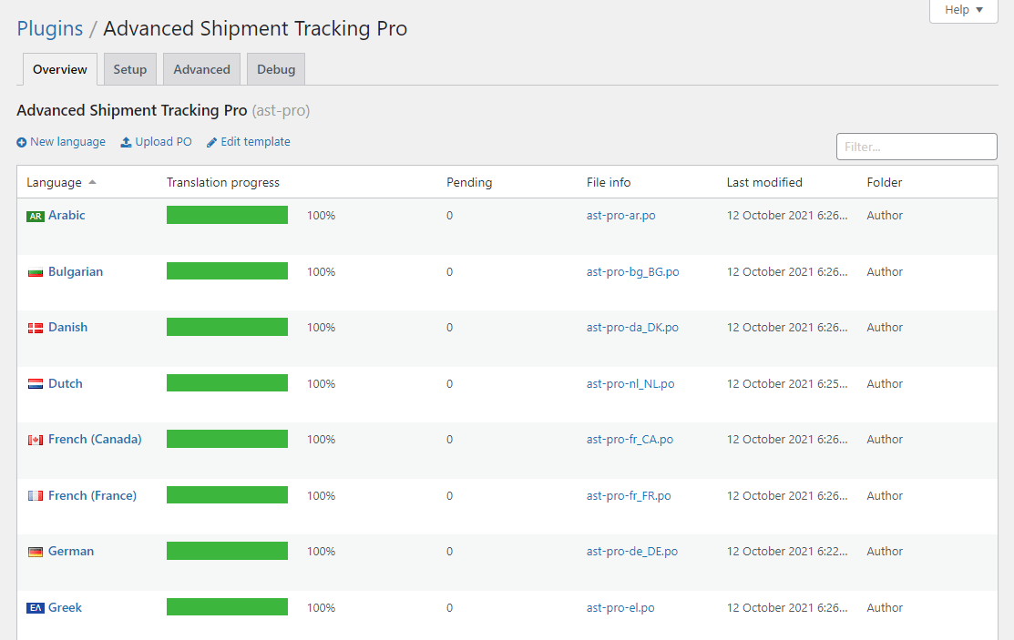 Loco Translate plugin list screen showing Advanced Shipment Tracking for WooCommerce with available languages