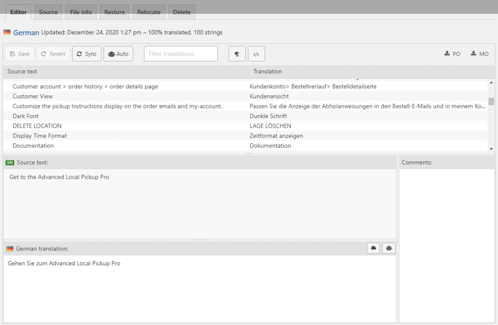 Loco Translate string editor with the German translation of ALP PRO strings
