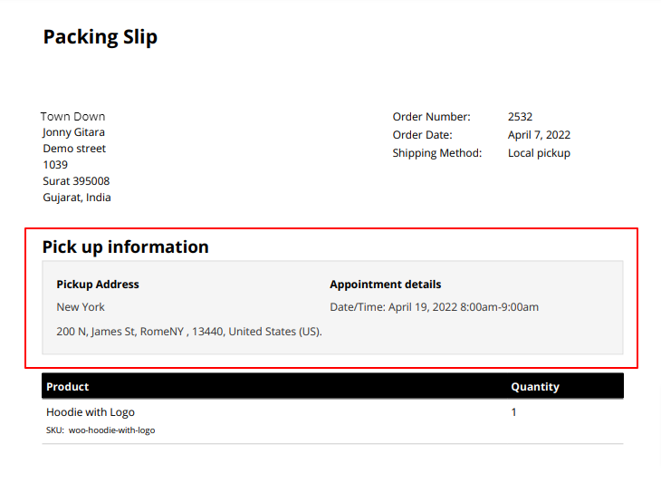 PDF packing slip including the pickup location information