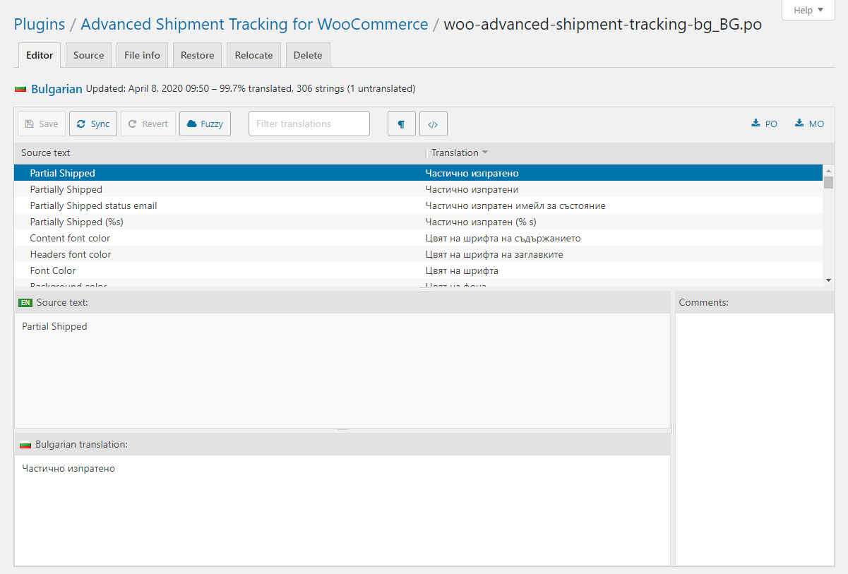 The Loco Translate string editor, with a source string selected and the translation field below it