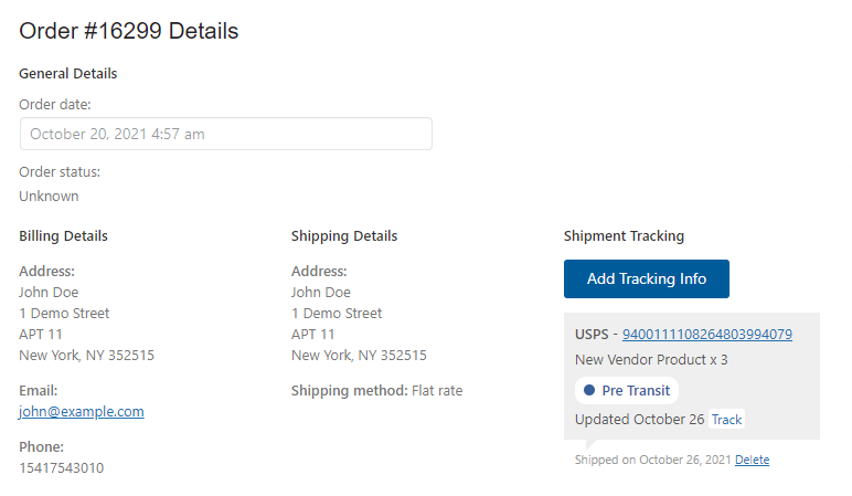 WooCommerce Product Vendors order detail screen showing saved tracking information including tracking number, carrier, and shipped date