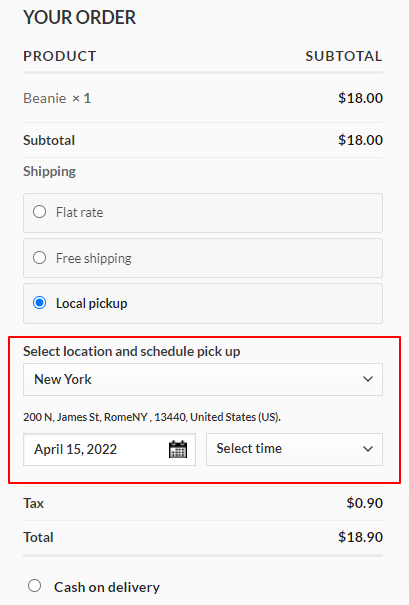Checkout page with the pickup location and appointment date and time fields