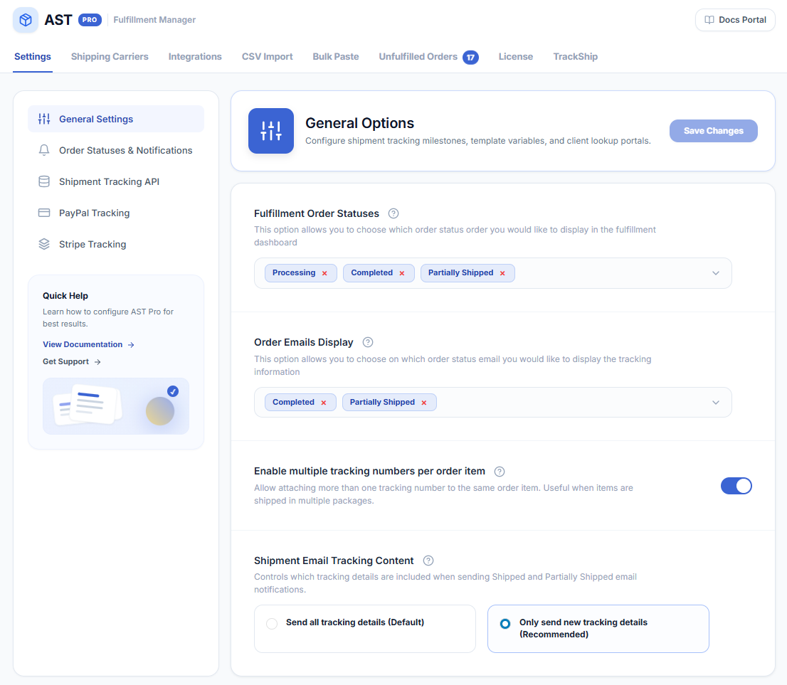 AST PRO General Settings panel showing Fulfillment Order Statuses, Order Emails Display, and tracking options