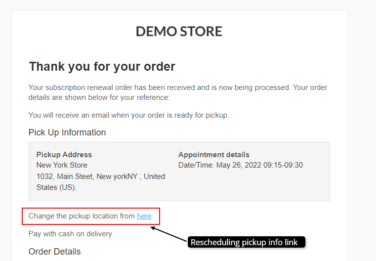 Renewal email with the link to reschedule the pickup