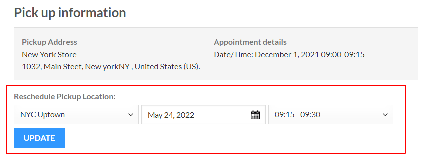 Reschedule pickup form on the View Order page