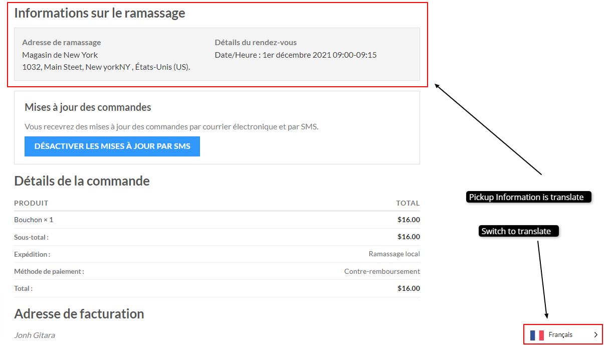 Pickup information translated to French with the Weglot language switcher on the My Account page