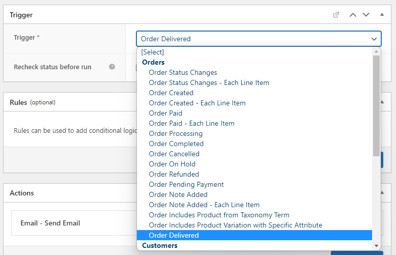 AutomateWoo workflow builder showing the Order Delivered trigger added by AST PRO in the triggers dropdown