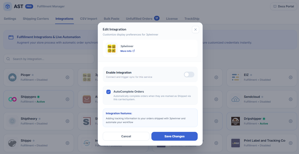 3PLWinner Integration Screenshot