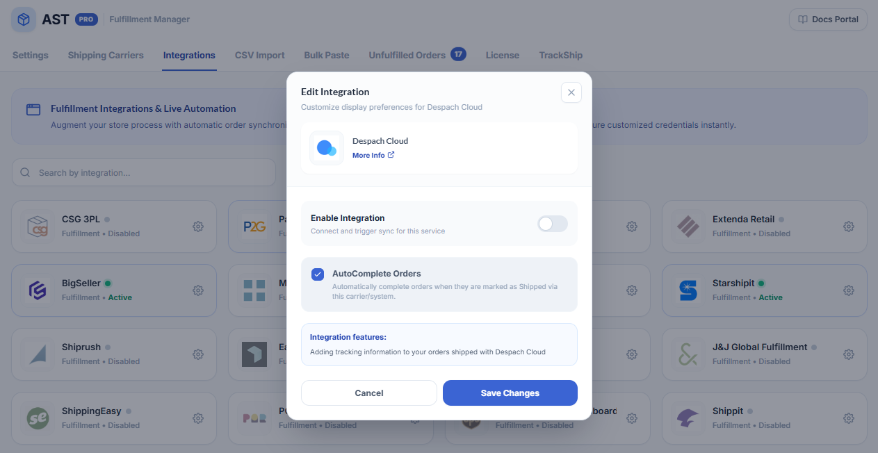 Despach Cloud Integration Screenshot