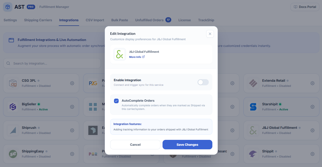 J&J Global Fulfillment Integration Screenshot
