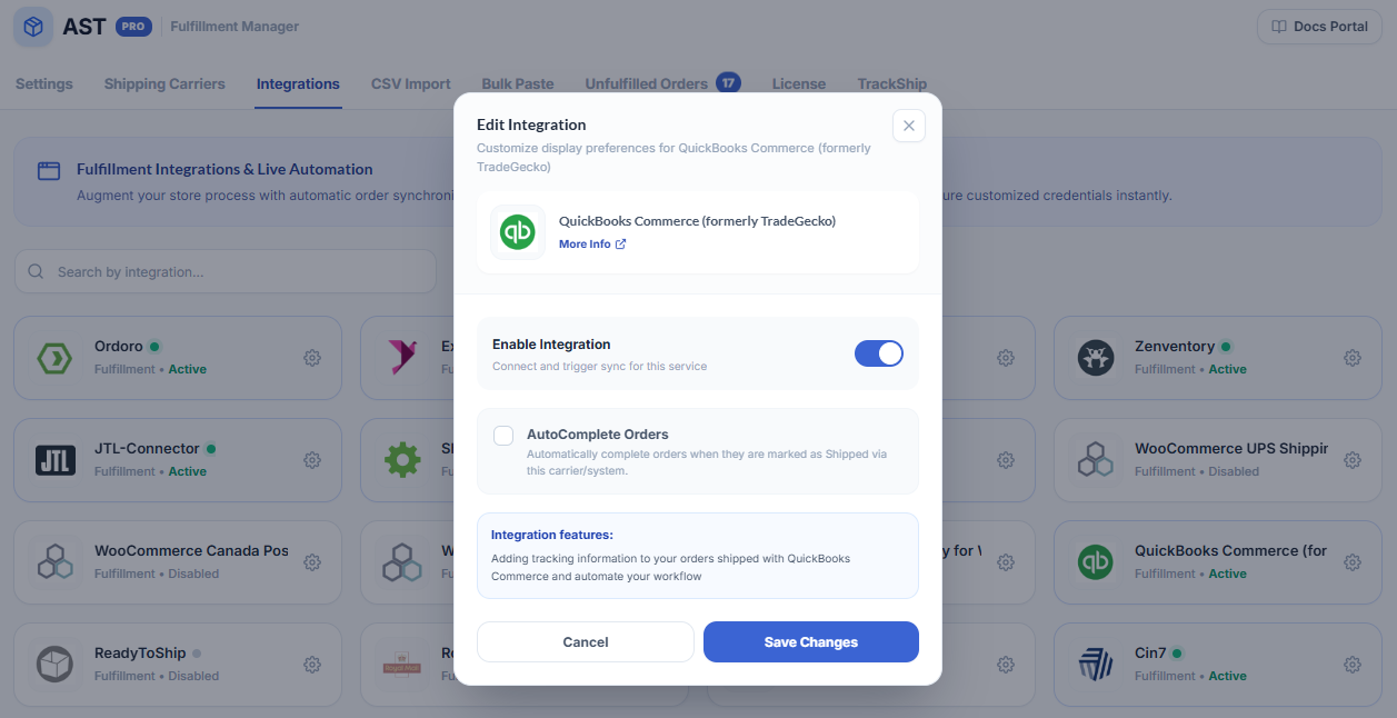 QuickBooks Commerce Integration Screenshot