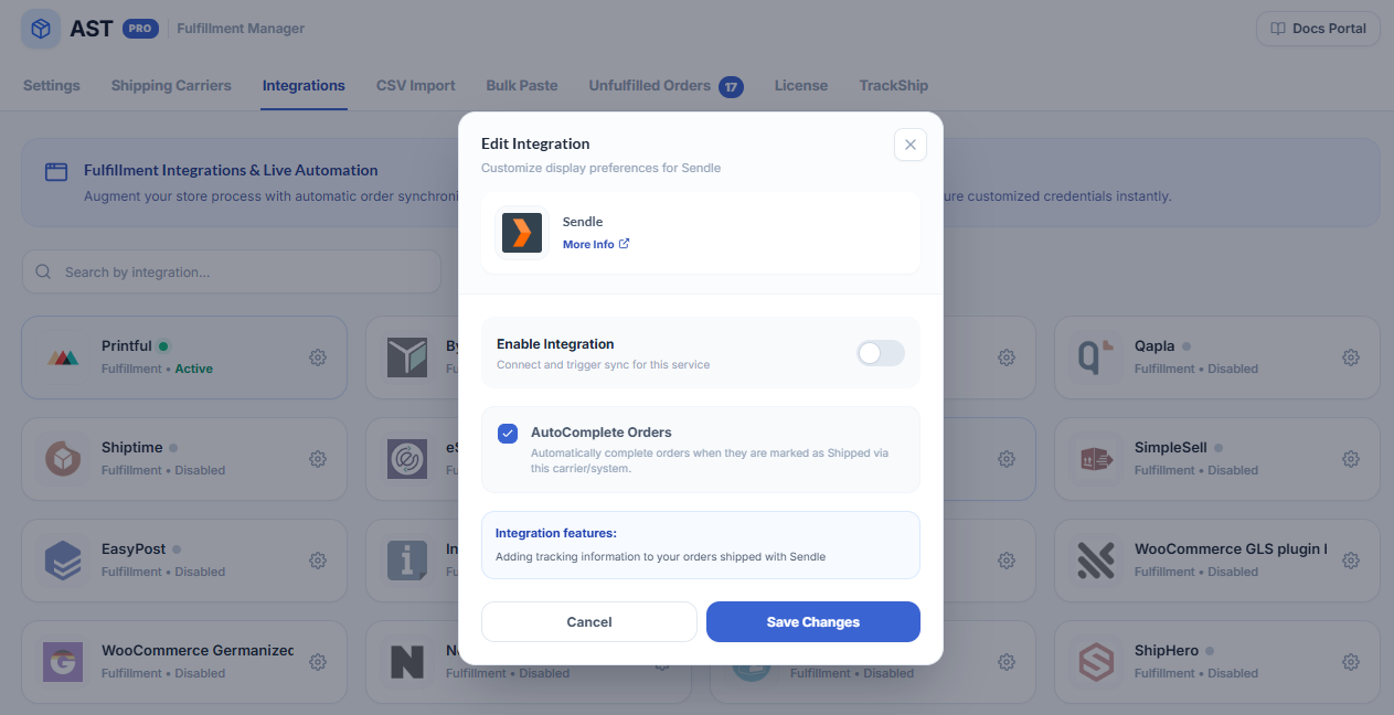Sendle Integration Screenshot