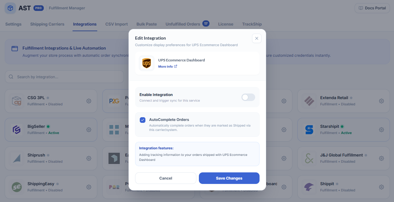 UPS Ecommerce Dashboard Integration Screenshot