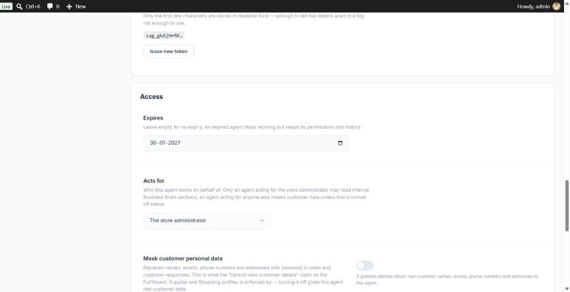 Access card with Expires, Acts for and the Mask customer personal data switch