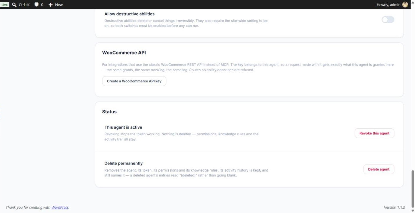Allow destructive abilities switch, the WooCommerce API card and the Revoke / Delete agent buttons