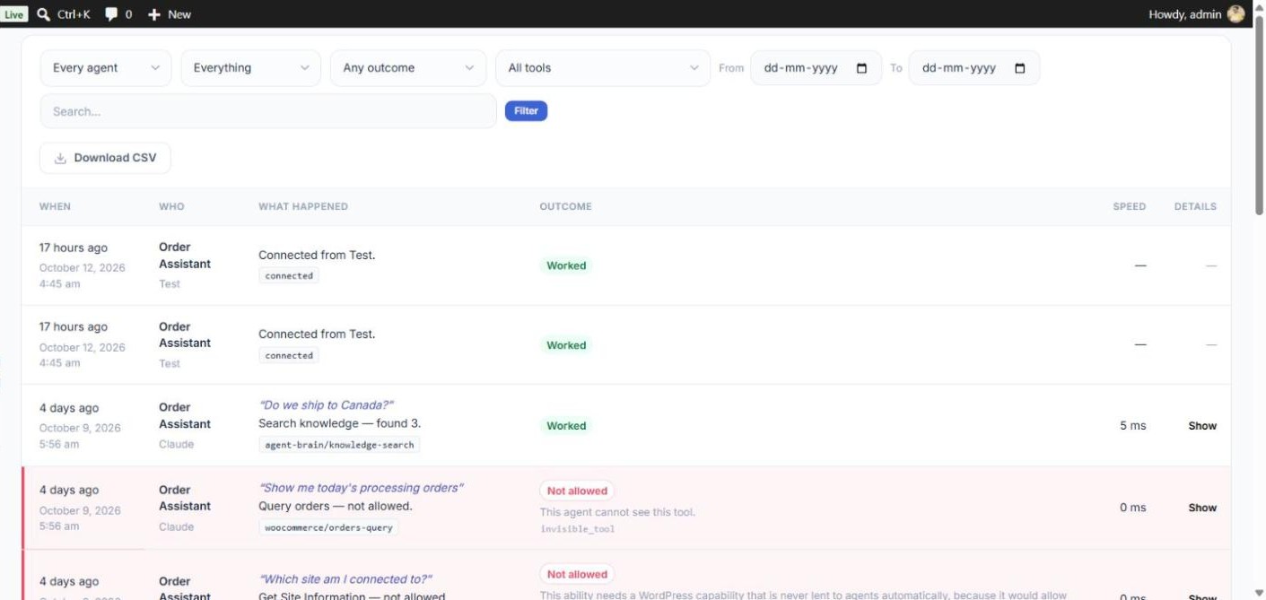 Activity Log filters, Download CSV, and entries including requests that were not allowed