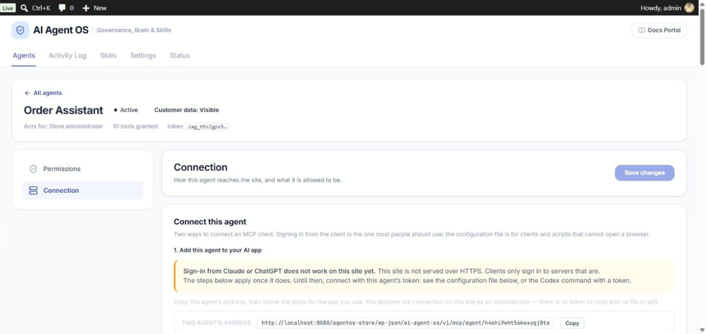 Agent Connection section: Connect this agent, with the agent's own MCP address and a Copy button