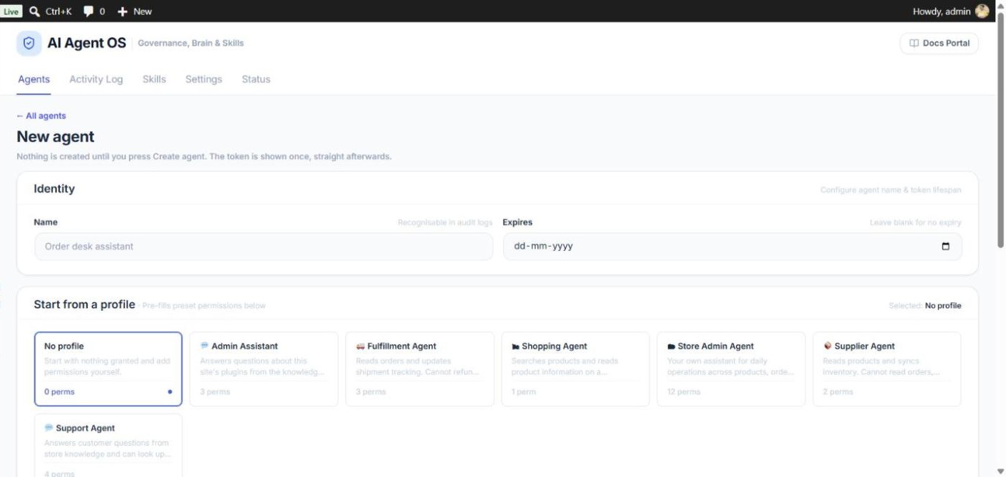 Add agent screen with the Name and Expires fields and the profile cards