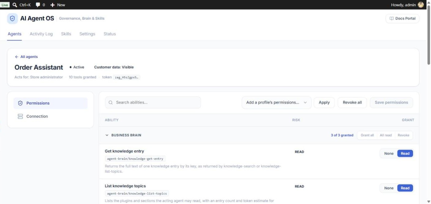 Agent Permissions section with search, the profile list and Apply button, Revoke all, the risk column and None / Read buttons for each tool