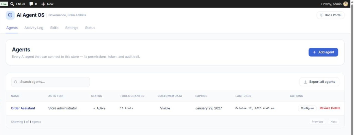 Agents list with the Acts for column: one agent, its status, tools granted, customer data, expiry, last use and actions