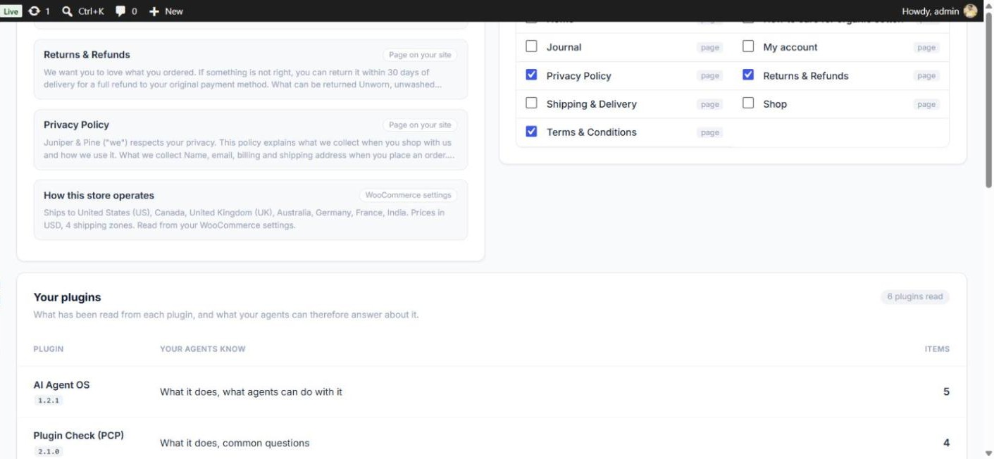 In your own words list of chosen pages and store settings, the page checklist, and Your plugins