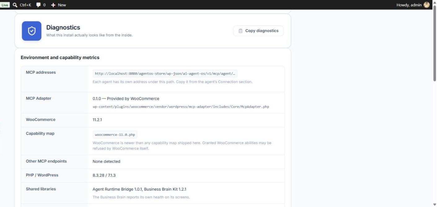Diagnostics on the Status tab: MCP addresses, MCP Adapter, WooCommerce, capability map, other MCP endpoints, PHP and WordPress, shared libraries