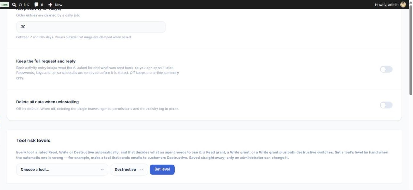 Settings: activity retention, full request and reply, delete on uninstall, and the Tool risk levels card