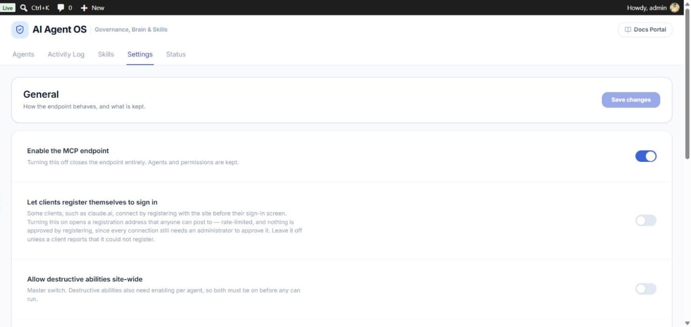 Settings General: Enable the MCP endpoint, Let clients register themselves to sign in, and Allow destructive abilities site-wide
