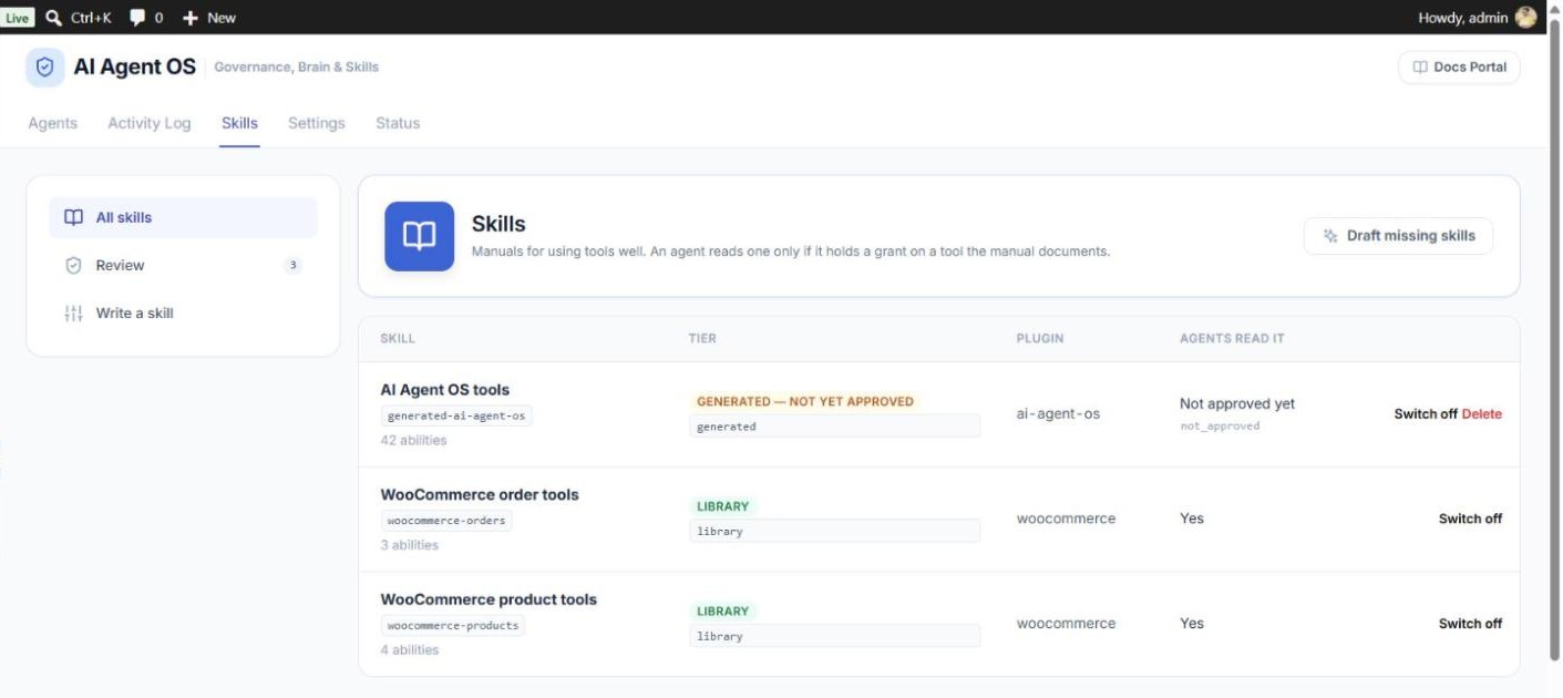 Skills list with a generated draft and library manuals, their tier, plugin and whether agents read them
