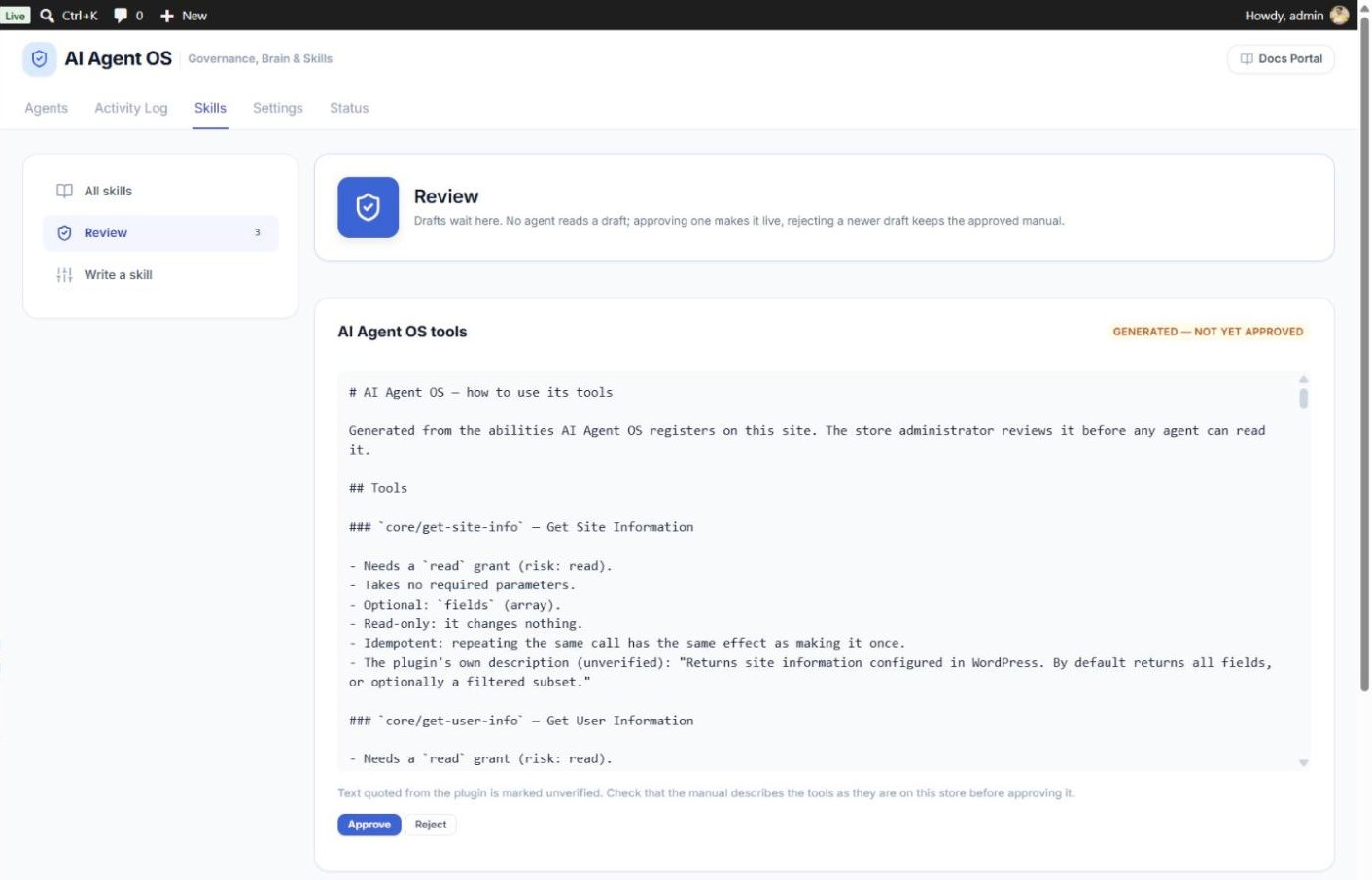 Skills Review with a generated draft shown in full and the Approve and Reject buttons
