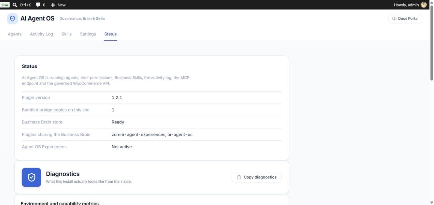 Status card with the plugin version, bridge copies, Business Brain store and the plugins sharing it, then the Diagnostics header